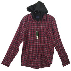 Nomad Cotton Flannel Button Front Shirt Hoodie Mens M Burgundy Black Plaid NEW